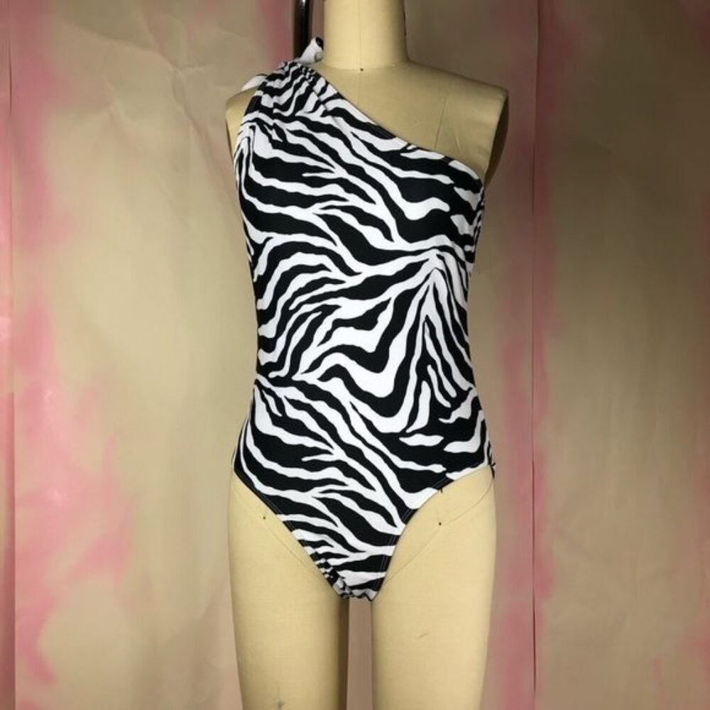 ASOS Motel Frances One Shoulder Zebra One Piece Swimsuit Bathing Suit